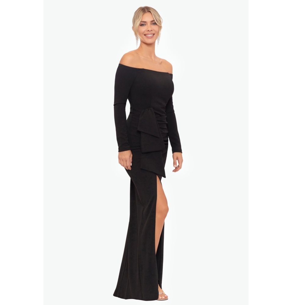 NWT..Xscape Black Off-Shoulder Long Sleeve Evening Gown - Picture 15 of 16